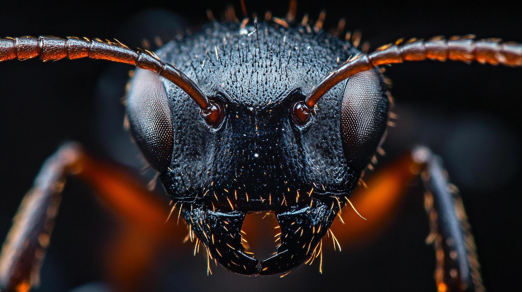 Extreme close-up of an ant, showcasing its intricate facial details and formidable mandibles against a blurred, dark background. photo