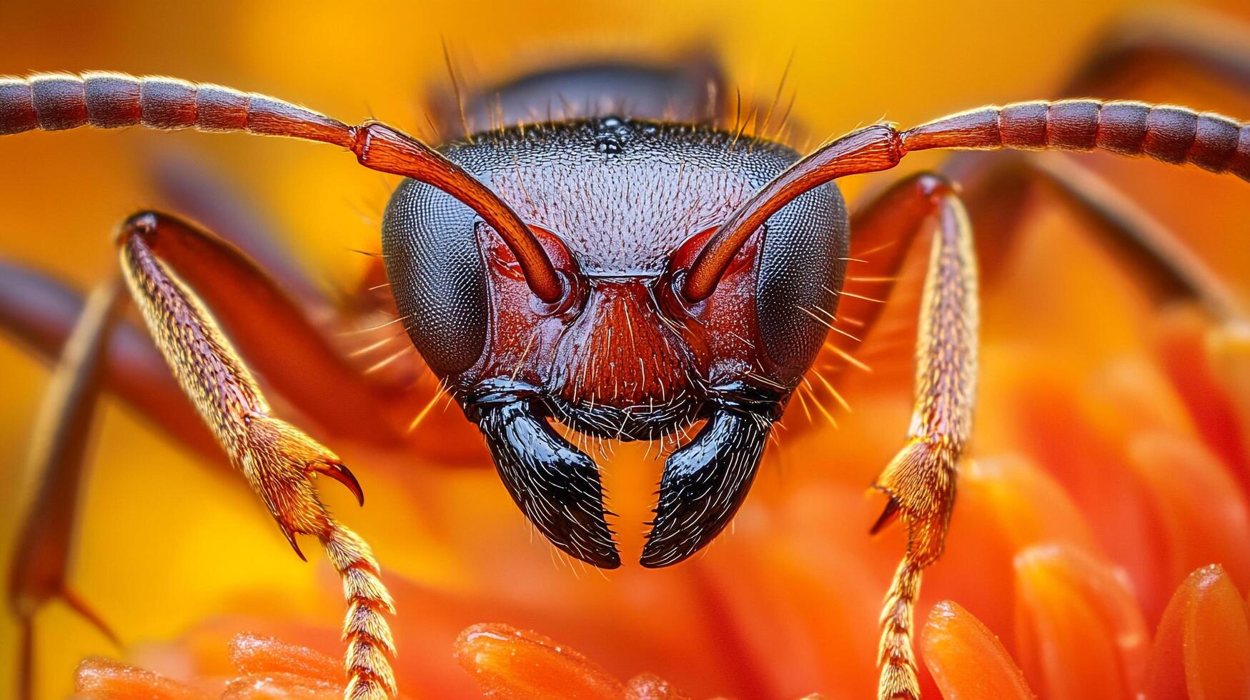 Extreme close-up of an ant's head, detailing its mandibles and antennae against a vibrant orange floral background. photo