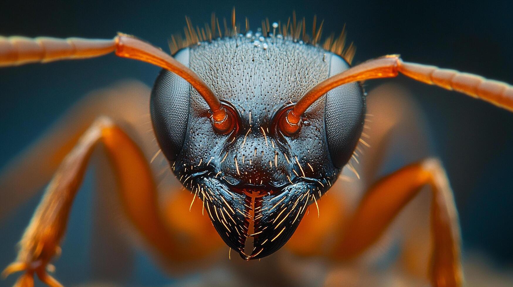 Extreme macro photo of an ant's face shows amazing detail of its features. The complex design of this tiny creature is revealed.