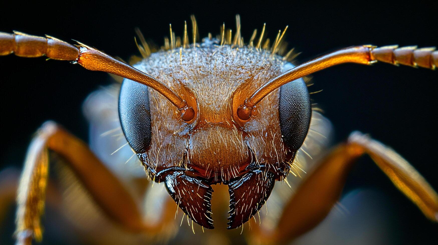 Macro photography shows the intricate detail of an ant's face, highlighting its compound eyes, antennae, and mandibles with sharp focus. photo