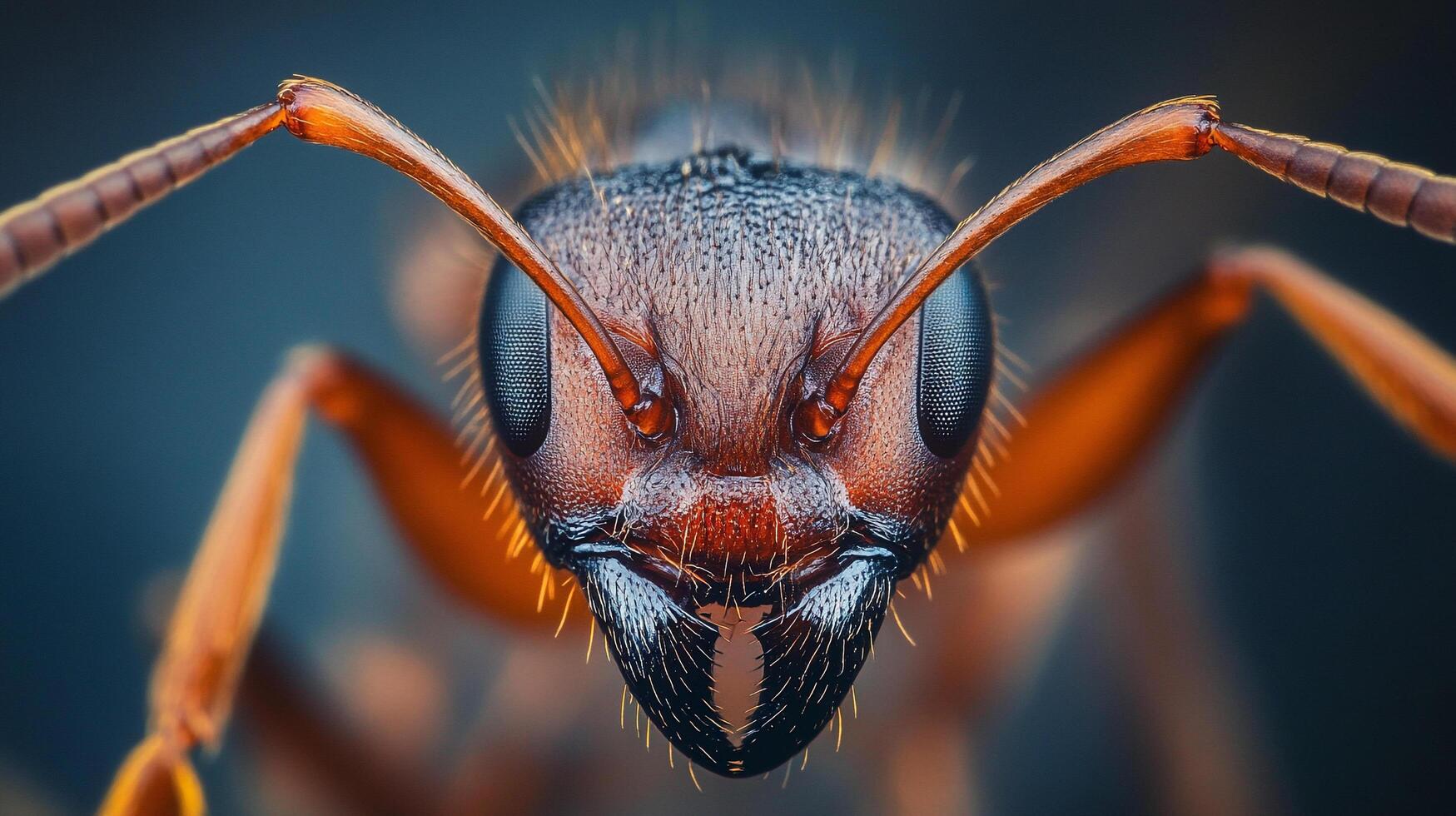 Detailed macro shot of an ant's head showcasing its intricate features, compound eyes, and antennae with remarkable clarity. photo