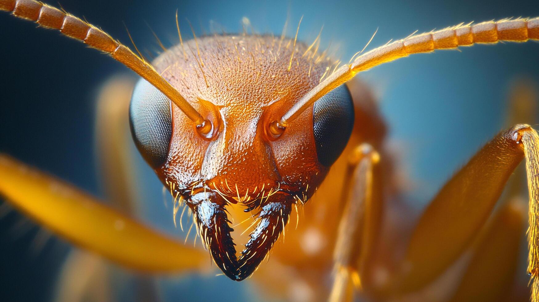 Detailed macro shot of an ant's head. Intricate eye details and antennae are visible against a blurred blue background. Sharp focus. photo