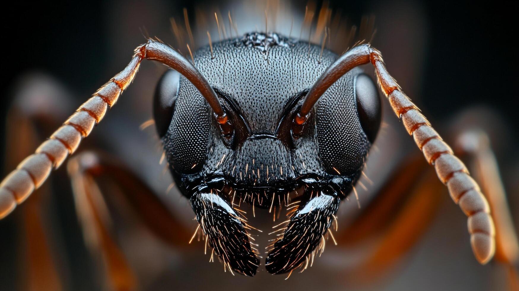 Macro image showcases the intricate details of an ant's face, highlighting its compound eyes, antennae, and textured exoskeleton. photo