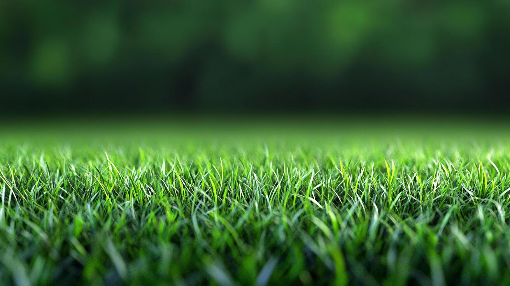 Lush green grass field evokes freshness and tranquility. Low angle perspective emphasizes texture and depth. Background of out-of-focus trees. photo