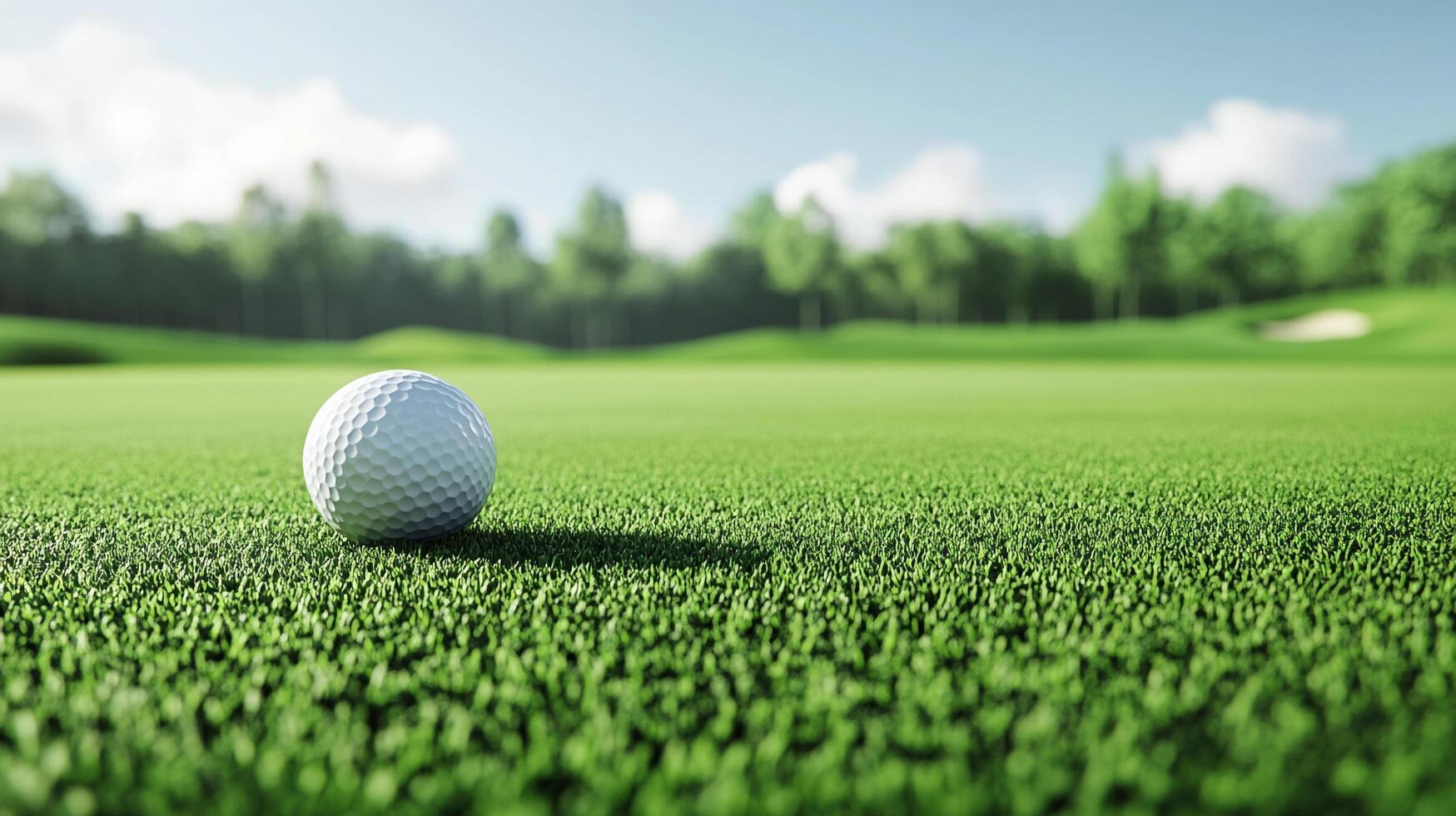 A golf ball rests on meticulously manicured green grass, ready for the next play under a clear sky surrounded by lush greenery. photo