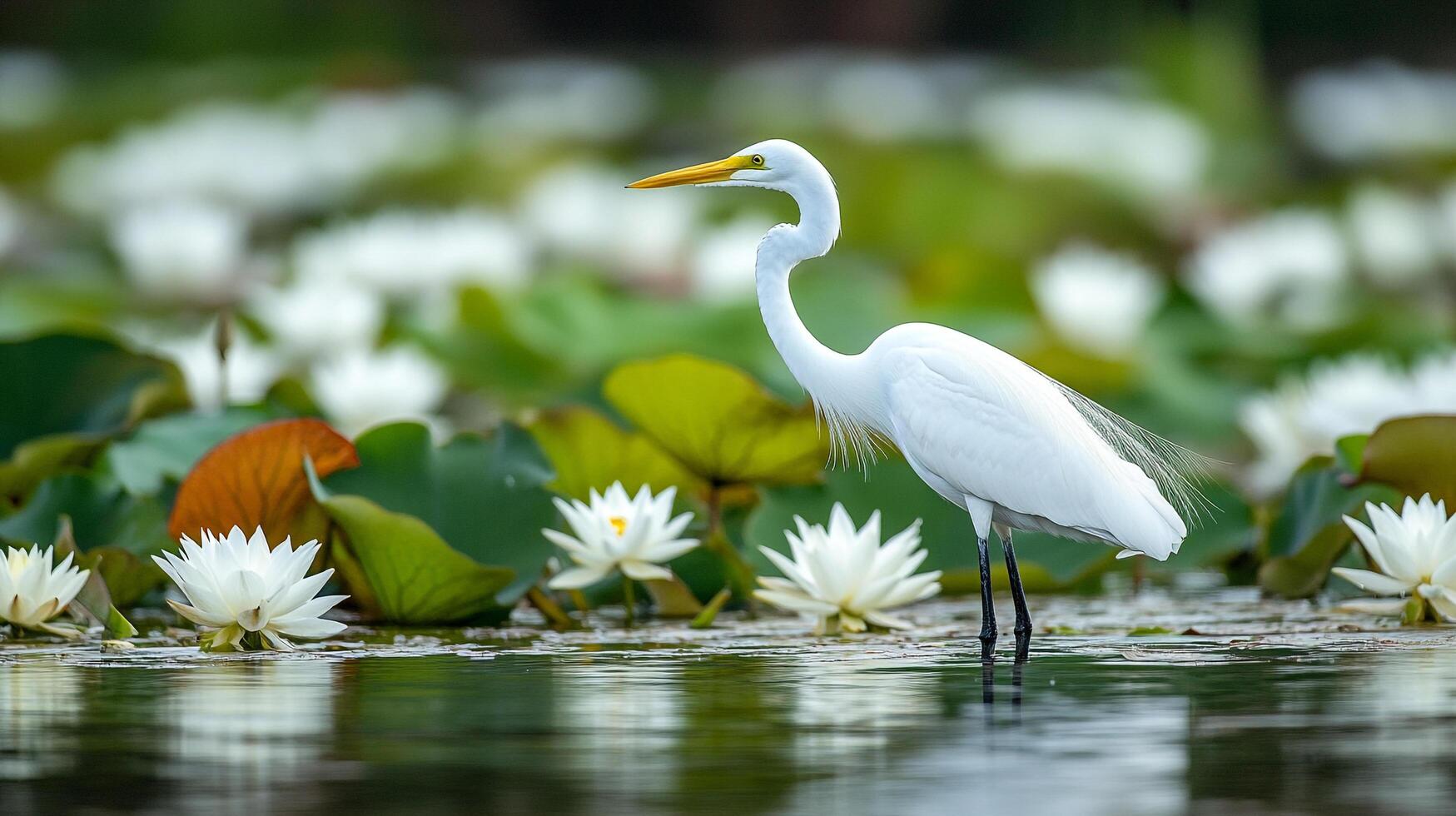Elegant white egret standing gracefully amidst blooming water lilies, creating a serene and picturesque wetland scene in soft natural light. photo