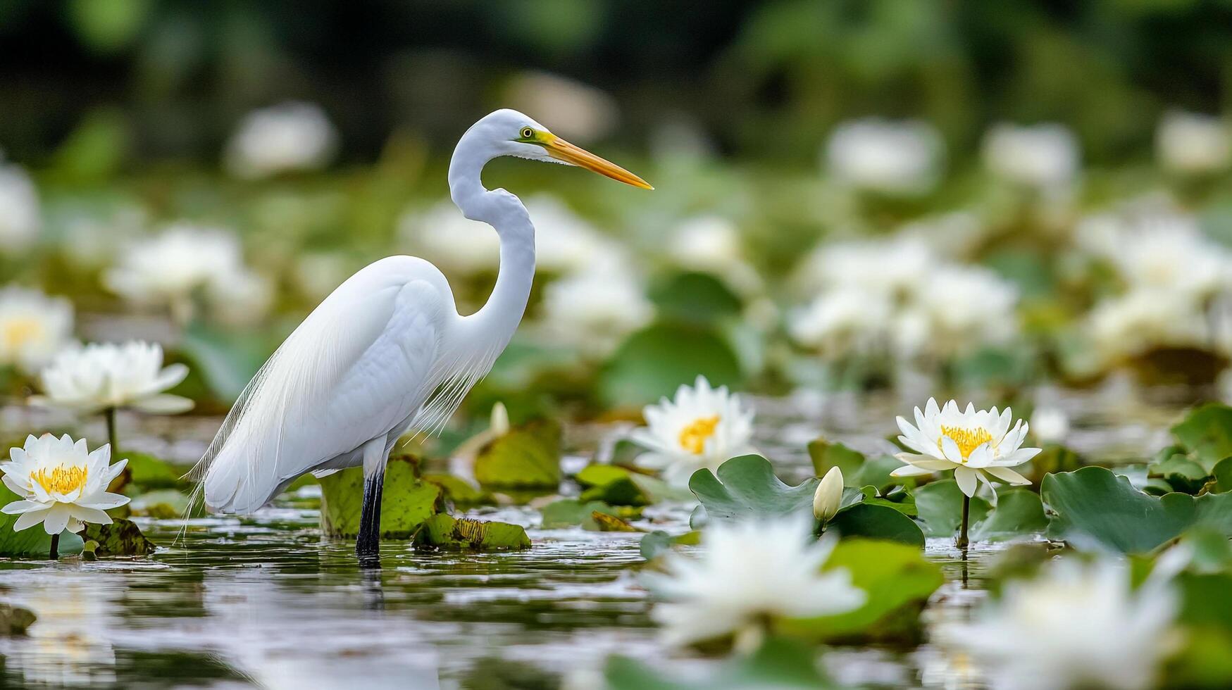 Great Egret stands amongst lily pads and lotus flowers. Water ripples in the calm pond. Serene nature scenery. Outdoor, natural, peaceful. photo