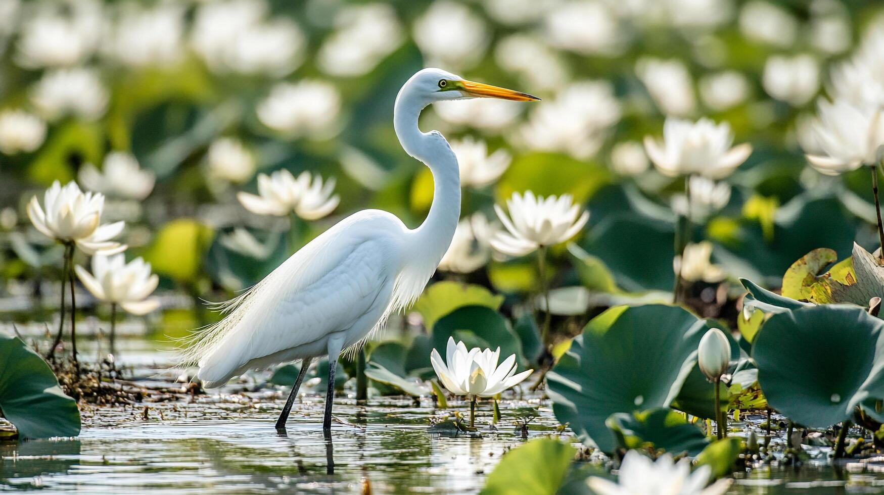 Elegant white egret amidst a tranquil lily pond, a serene snapshot of nature's beauty and grace in aquatic environment. photo