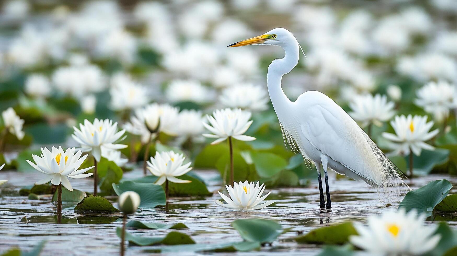 Elegant egret wading through a field of water lilies, its white plumage contrasting with the vibrant green foliage and white flowers. photo