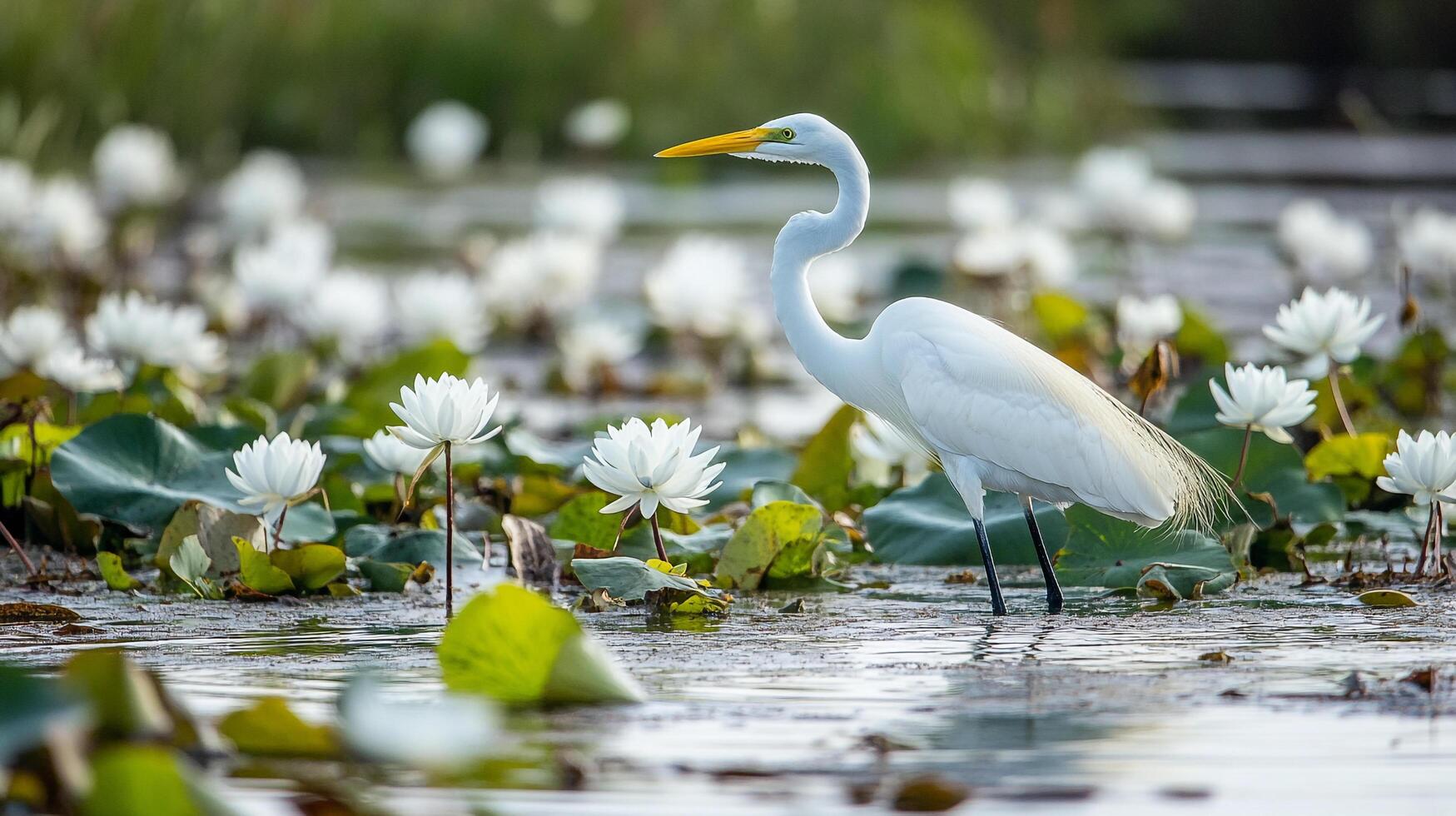 A white egret gracefully stands in a pond filled with vibrant white water lilies, creating a serene and picturesque natural scene. photo