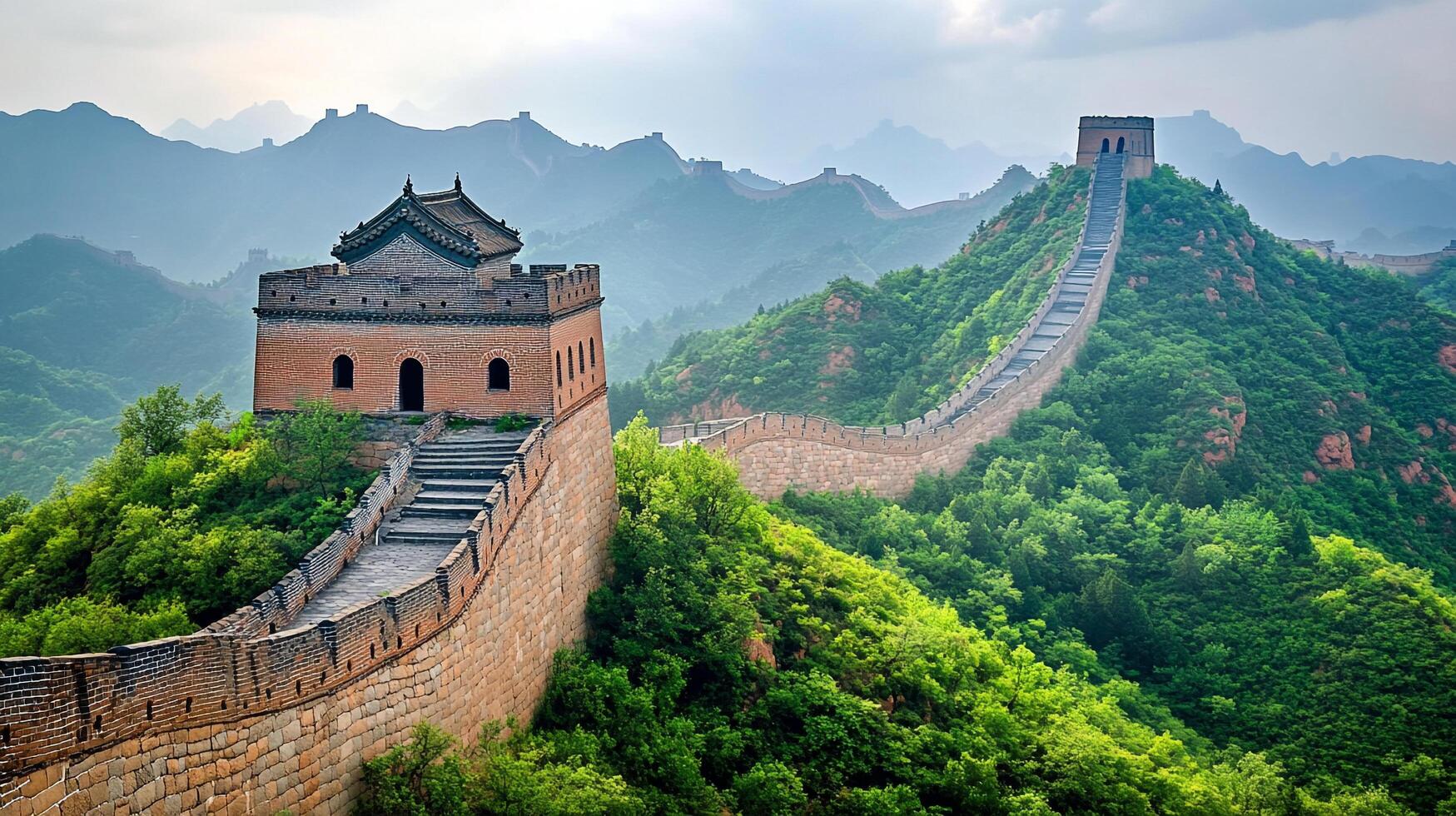Scenic view of a section of the Great Wall snaking across a lush green hillside with a watchtower overlooking the landscape. photo