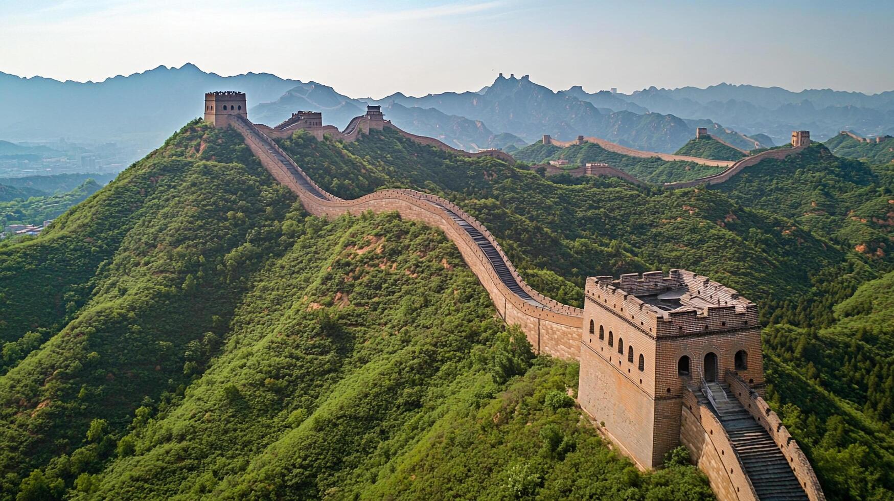 The winding wall stretches across lush green hills, a testament to human ingenuity blending seamlessly with the landscape. photo