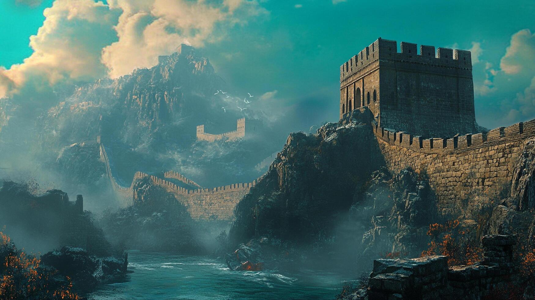 Ancient stone fortification winds across a rugged, mountainous landscape shrouded in mist, hinting at a rich historical past. photo