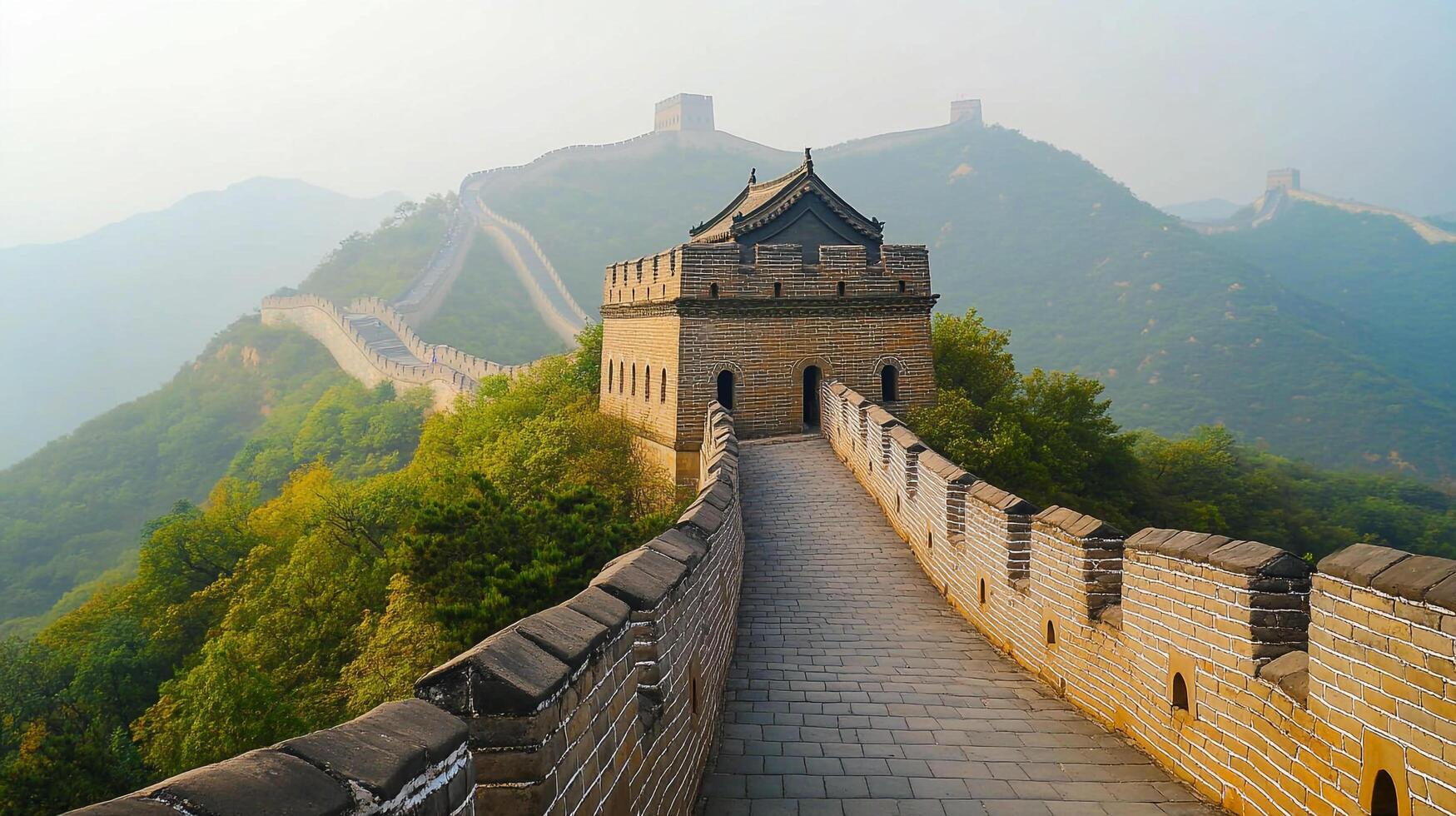Ancient defensive architecture snaking through lush, green mountains. Historical landmark offering views and insight into the past. photo