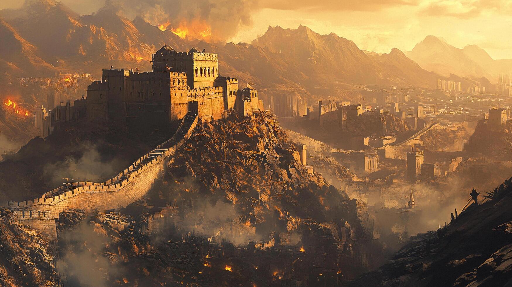 Fortress cityscape, ancient structures, and mountain peaks blend harmoniously in this detailed landscape under a warm golden light. photo