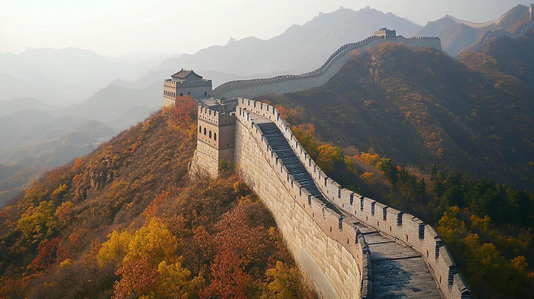 Scenic view of a stone fortification structure snaking across hills and mountains shrouded in mist, surrounded by colorful autumn foliage. photo