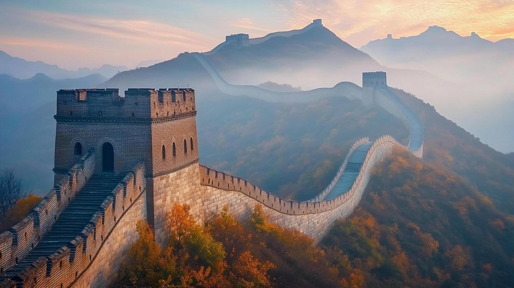 Majestic ancient fortification stretching across misty, mountainous terrain, showcasing architectural grandeur and historical significance. photo