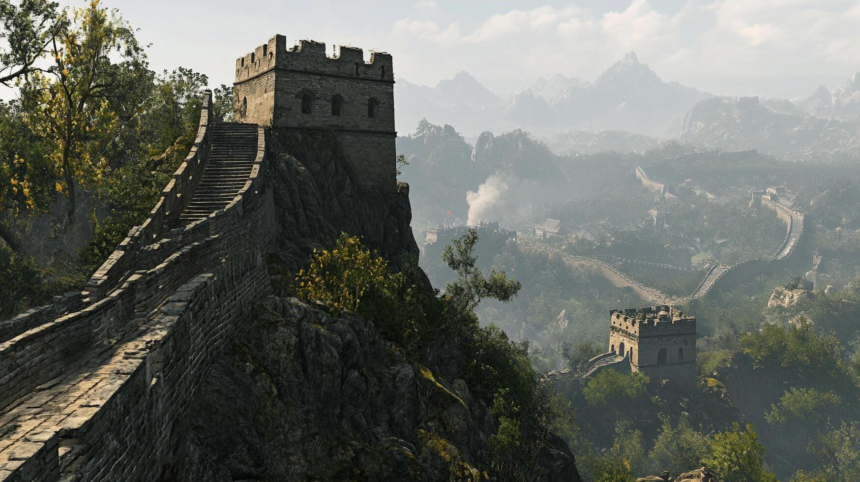 Scenic view of a historic stone wall stretching through a mountainous landscape, with a fortified tower perched atop a rugged cliff. photo