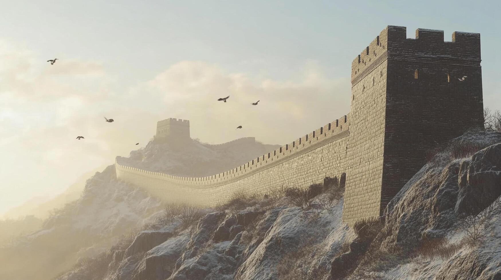Ancient stone wall winds across a snowy mountaintop under a pale sky, birds flying above, evoking history and grandeur. photo