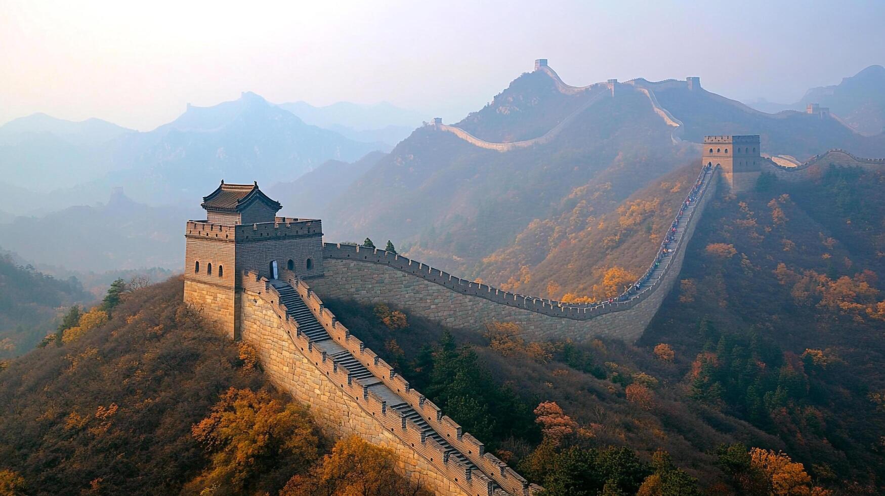 Great Wall winding through misty mountains. Ancient fortification with watchtowers, blending with the autumn landscape. photo