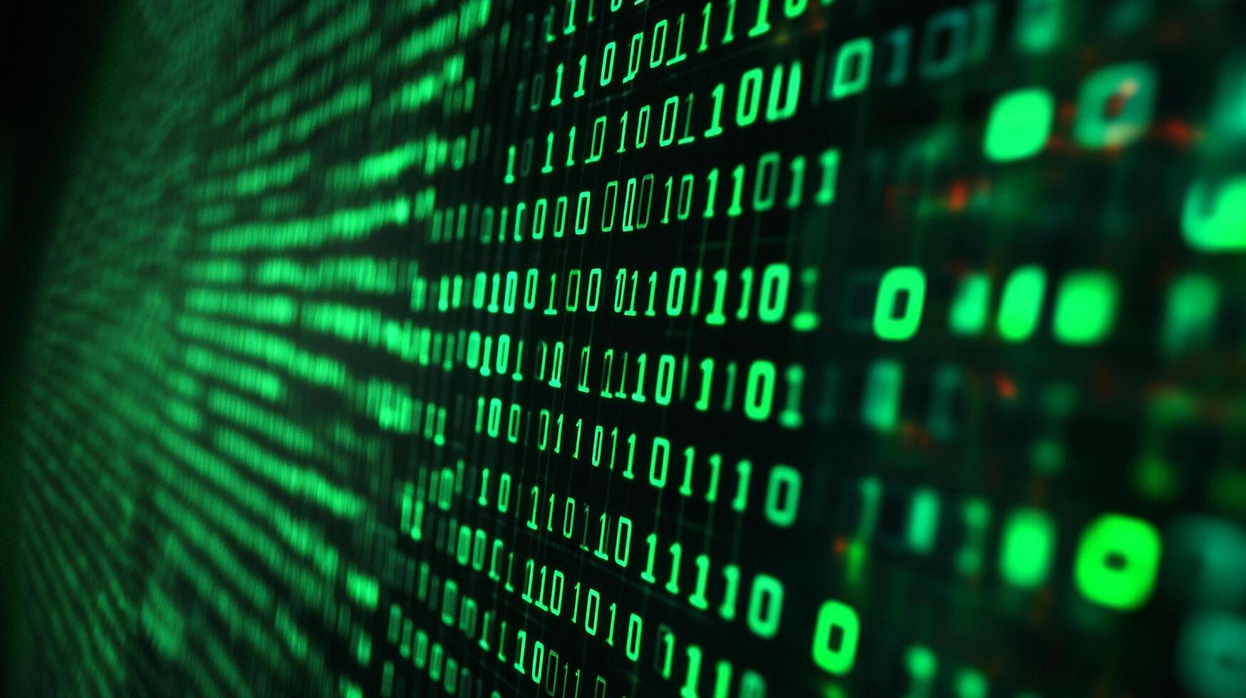 Green binary code streams across a dark screen, symbolizing data, cybersecurity, and the digital world's complex inner workings. photo