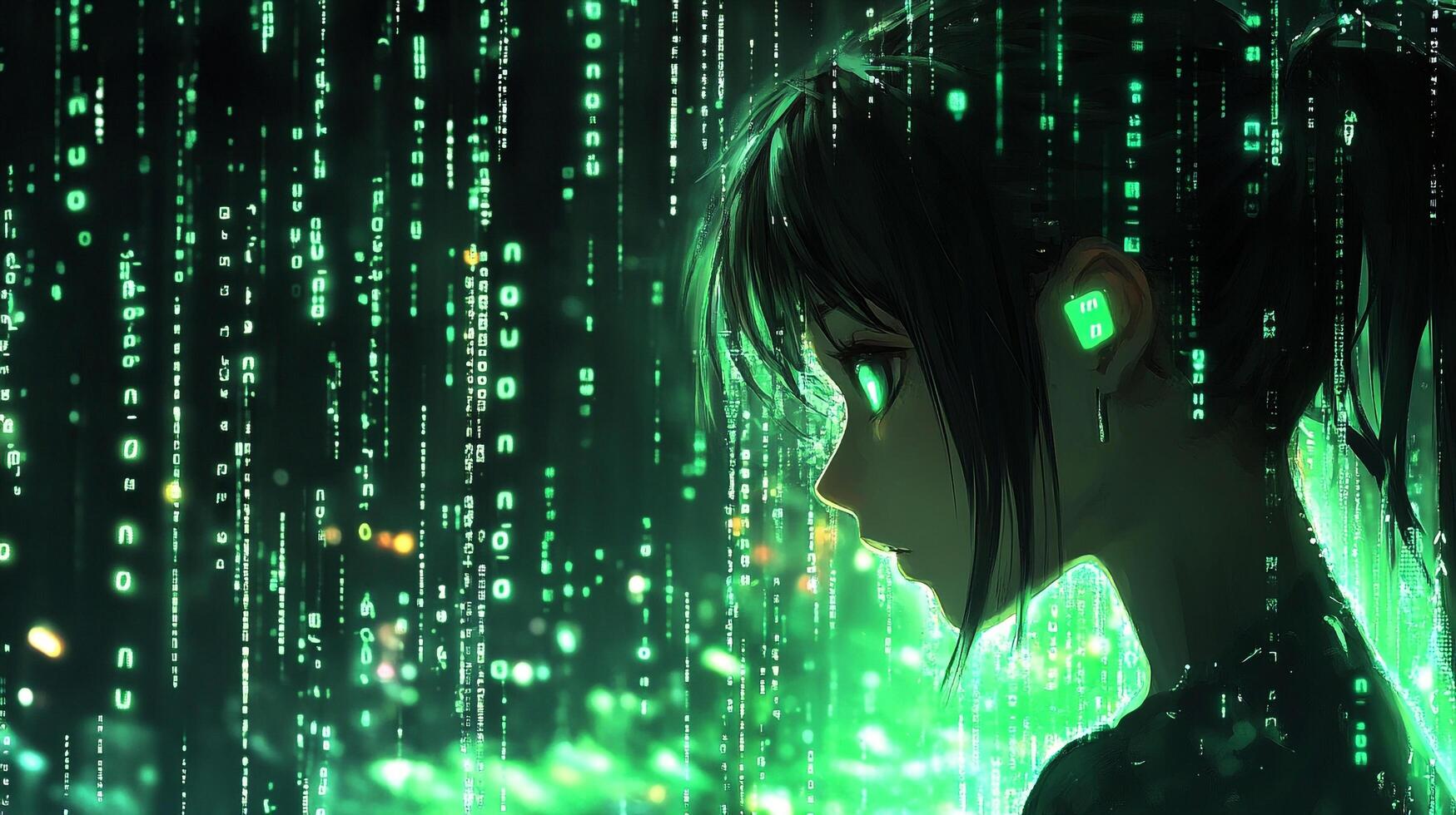 Anime-style character immersed in a virtual reality environment, surrounded by digital streams and wearing futuristic earbuds. photo