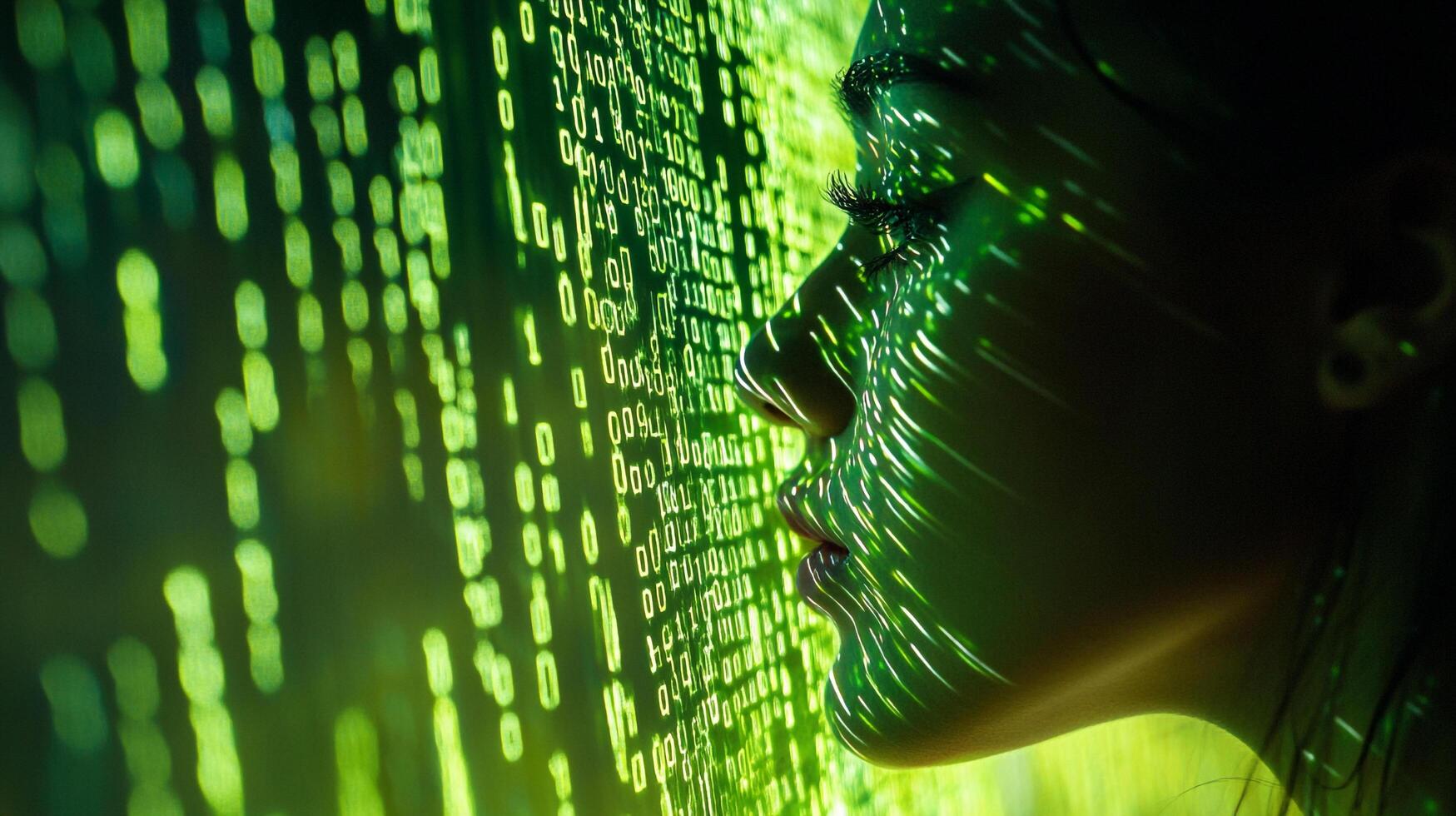 Illuminated woman's profile merges with streaming binary code. Green hues create a futuristic digital aesthetic. photo