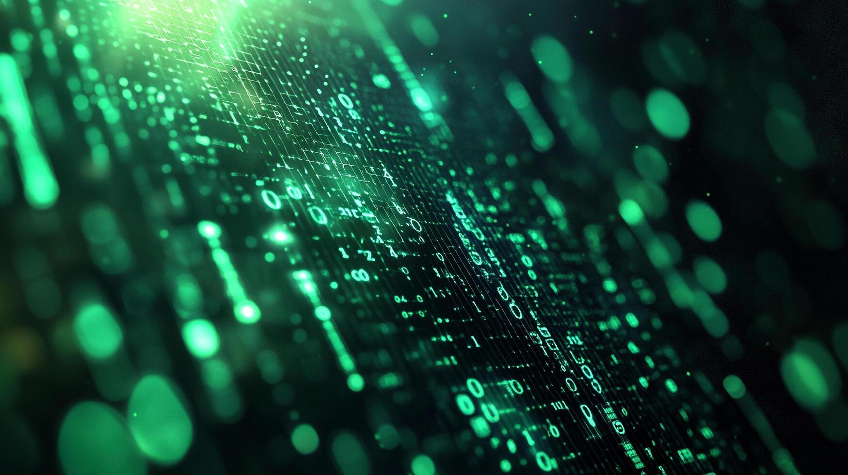 Abstract glowing green digital matrix background. Represents data flow, technology, and advanced digital systems. photo