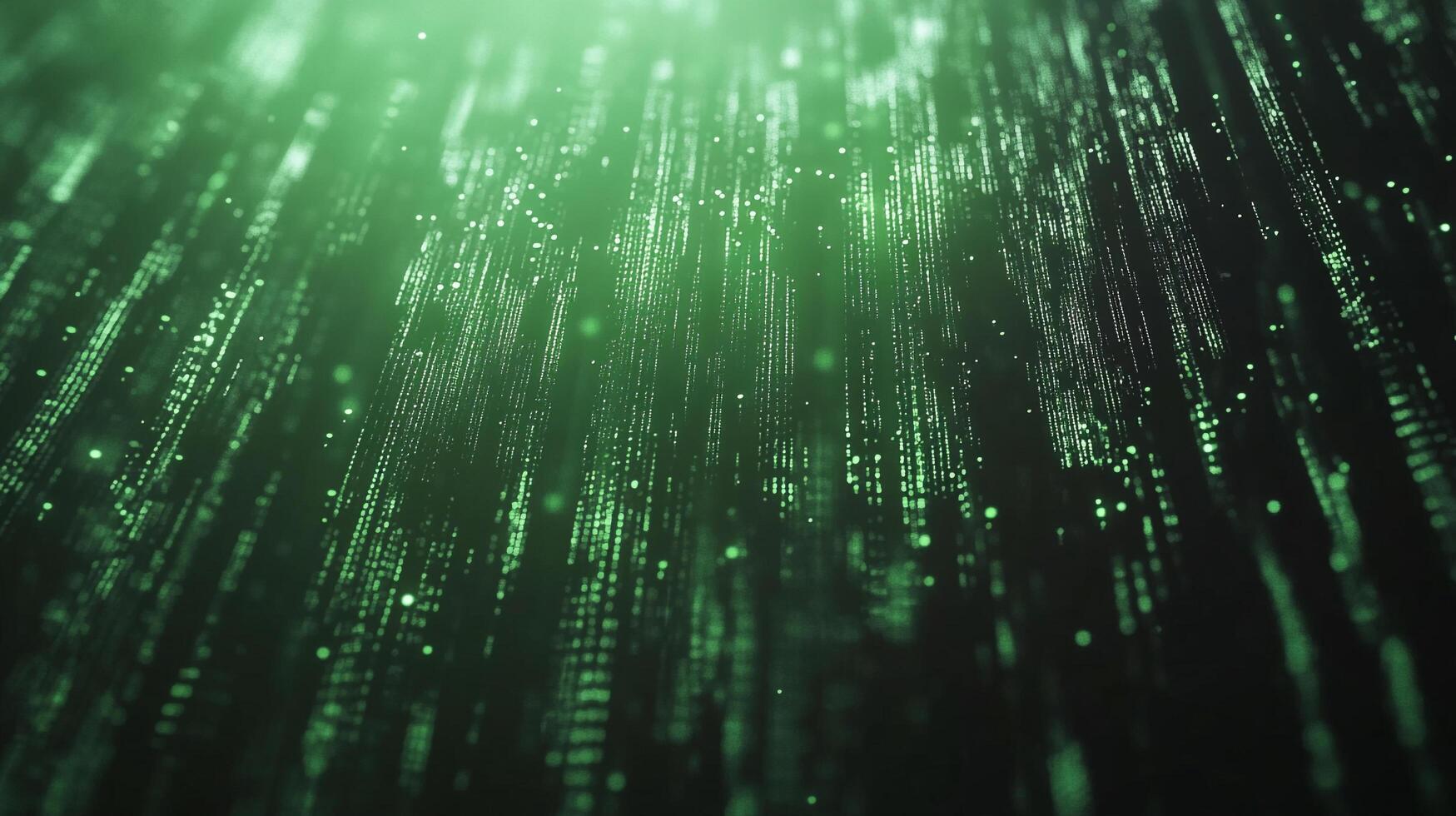 Abstract depiction of falling green lights, resembling digital rain or data streams. Perspective creates depth, suggesting advanced technology. photo