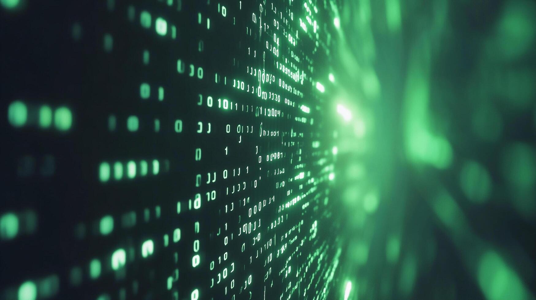 Abstract view of binary code stream, representing technology, data processing, and cybersecurity. Green hues convey digital energy. photo