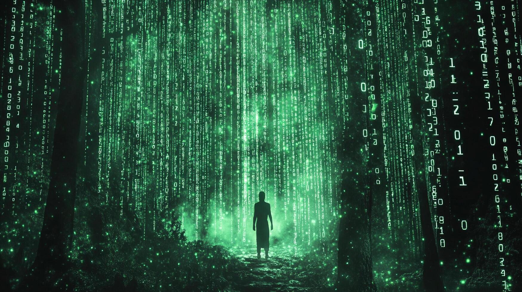 Silhouette gazes up in a surreal forest of binary code, illuminated by ethereal green light. A digital dreamscape where nature meets technology. photo