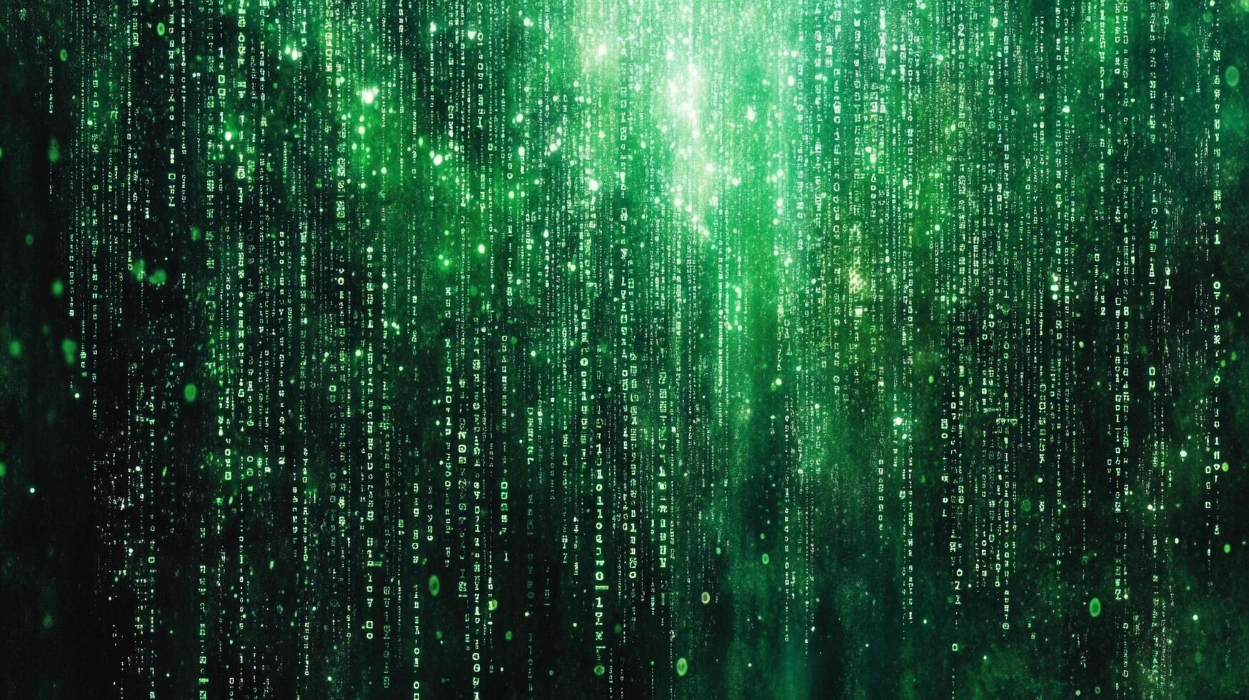 Abstract green matrix background with falling code. Digital rain effect, creating a sense of technology, computing, and data flow. photo