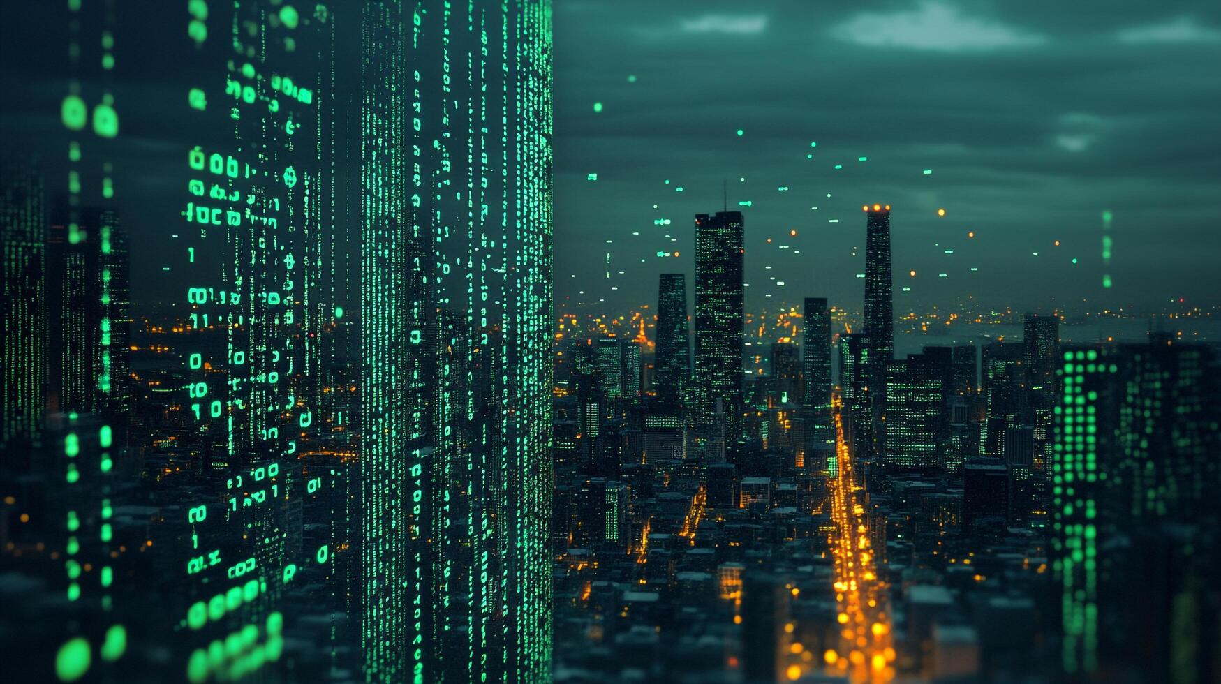 Cityscape infused with digital data streams, symbolizing the integration of technology and urban life. Modern future is upon us. photo
