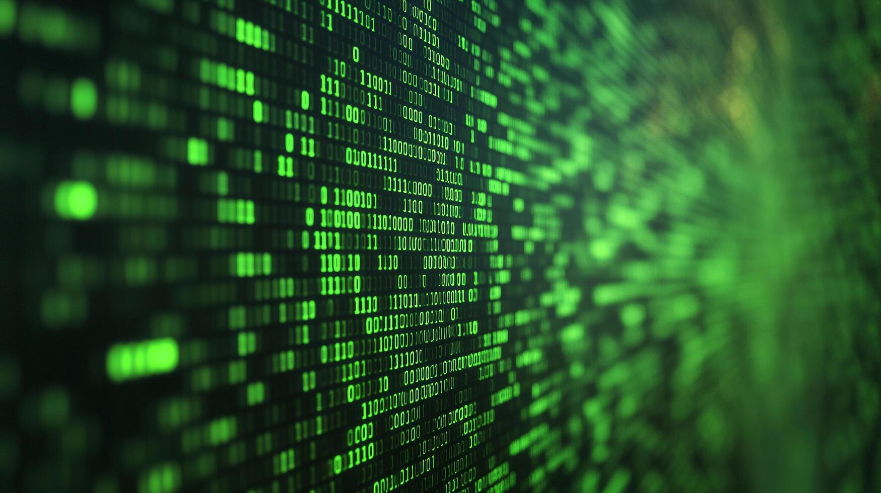 Abstract digital display showcasing illuminated neon green binary code, creating a matrix-like design against a dark backdrop. photo