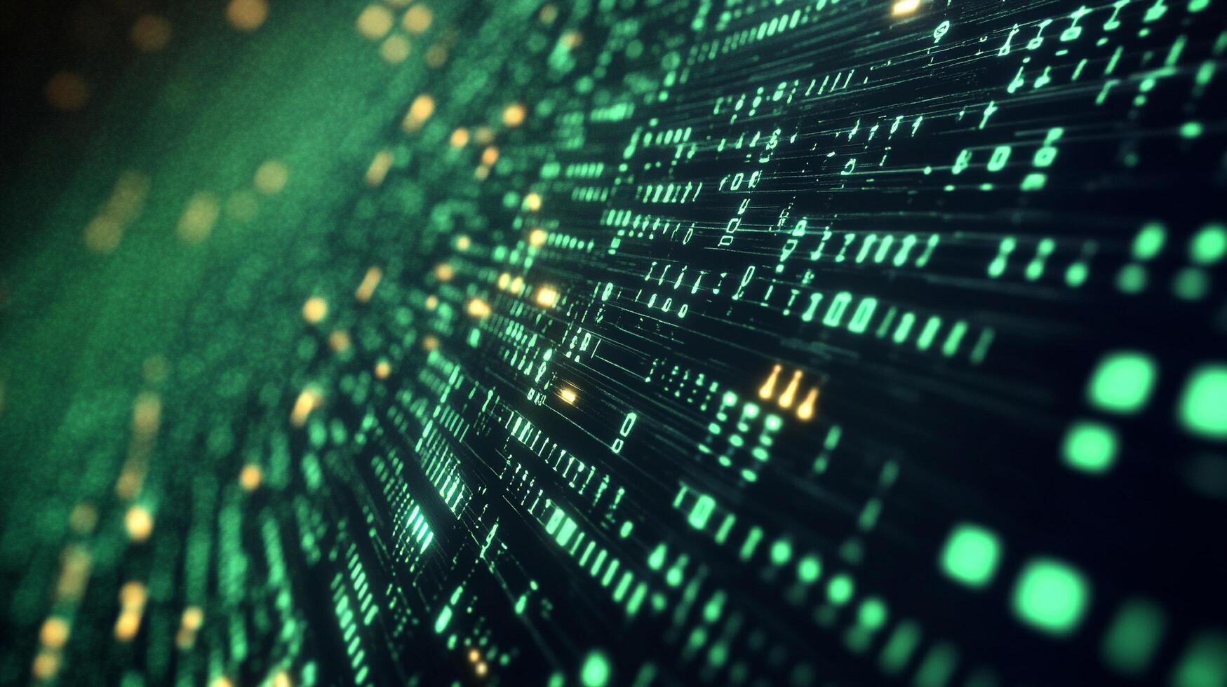 Abstract digital matrix of green and yellow binary code, symbolizing data streams, information technology, and complex algorithms. photo