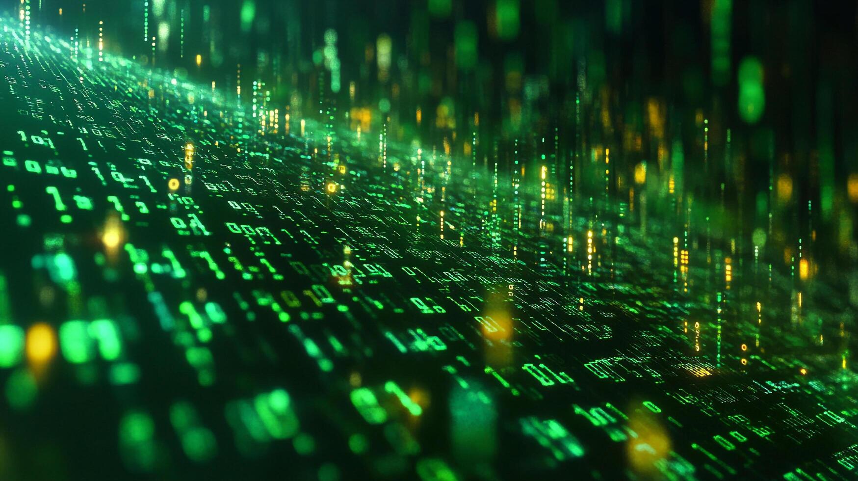 Abstract digital data stream with green binary code floating in a futuristic network. Technological concept, cyber space backdrop photo
