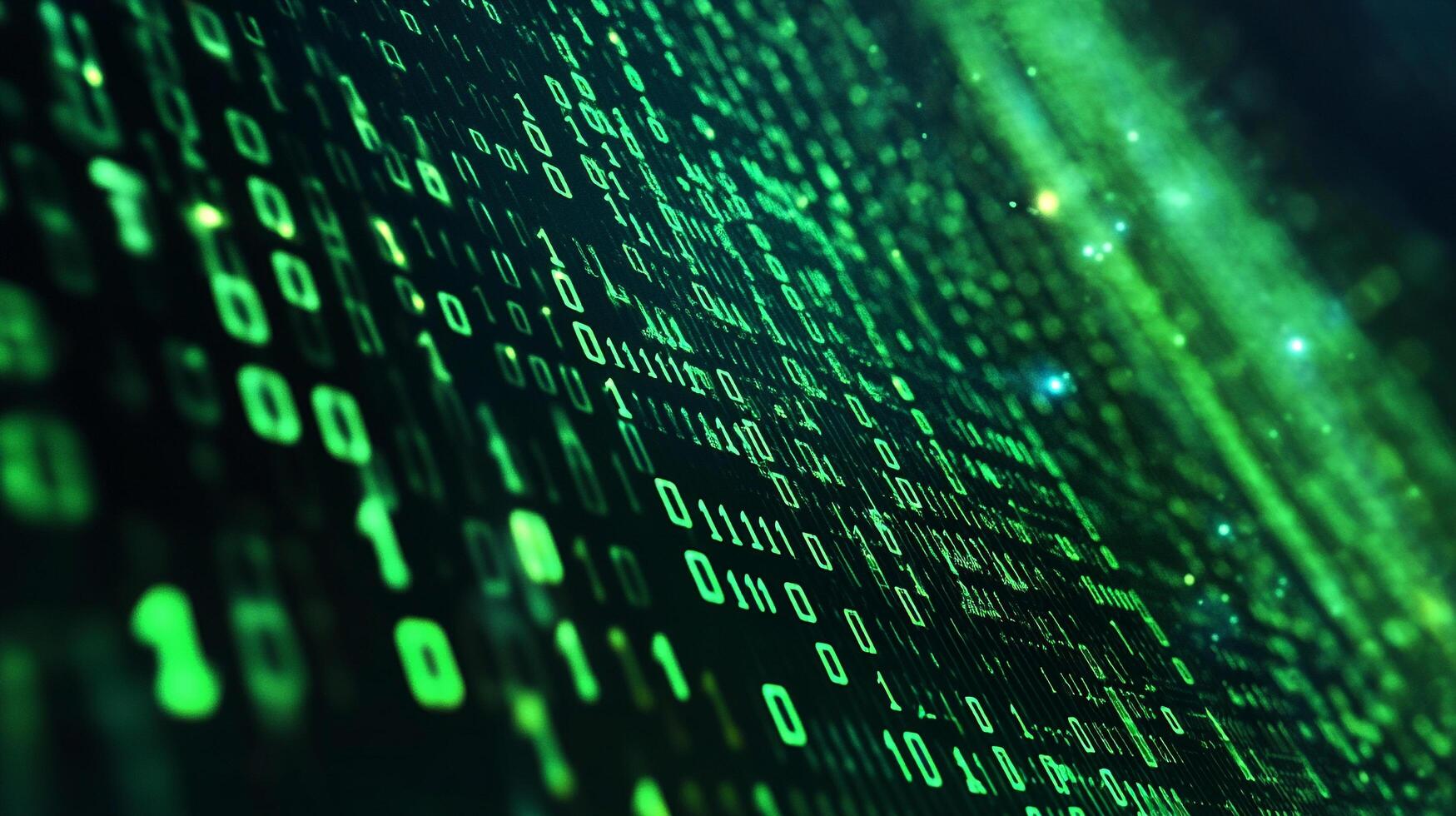 Digital data stream with glowing green binary code. Represents complex computation, cybersecurity, or futuristic technology concepts. photo