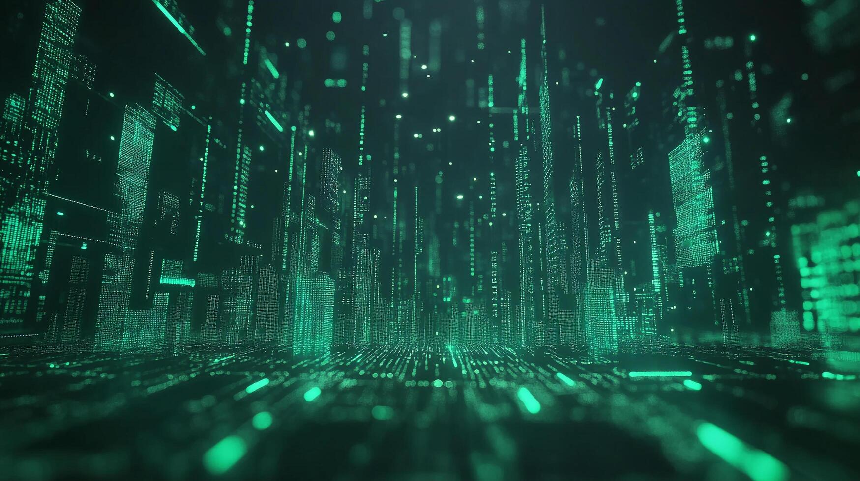 Abstract digital city made of glowing green code. Futuristic cityscape of data streams and virtual reality for advanced technology concepts. photo