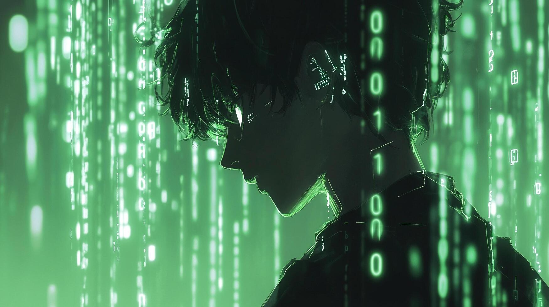 Digital portrait of a focused person immersed in flowing digital code, glowing green against a dark background. Cyberpunk atmosphere. photo