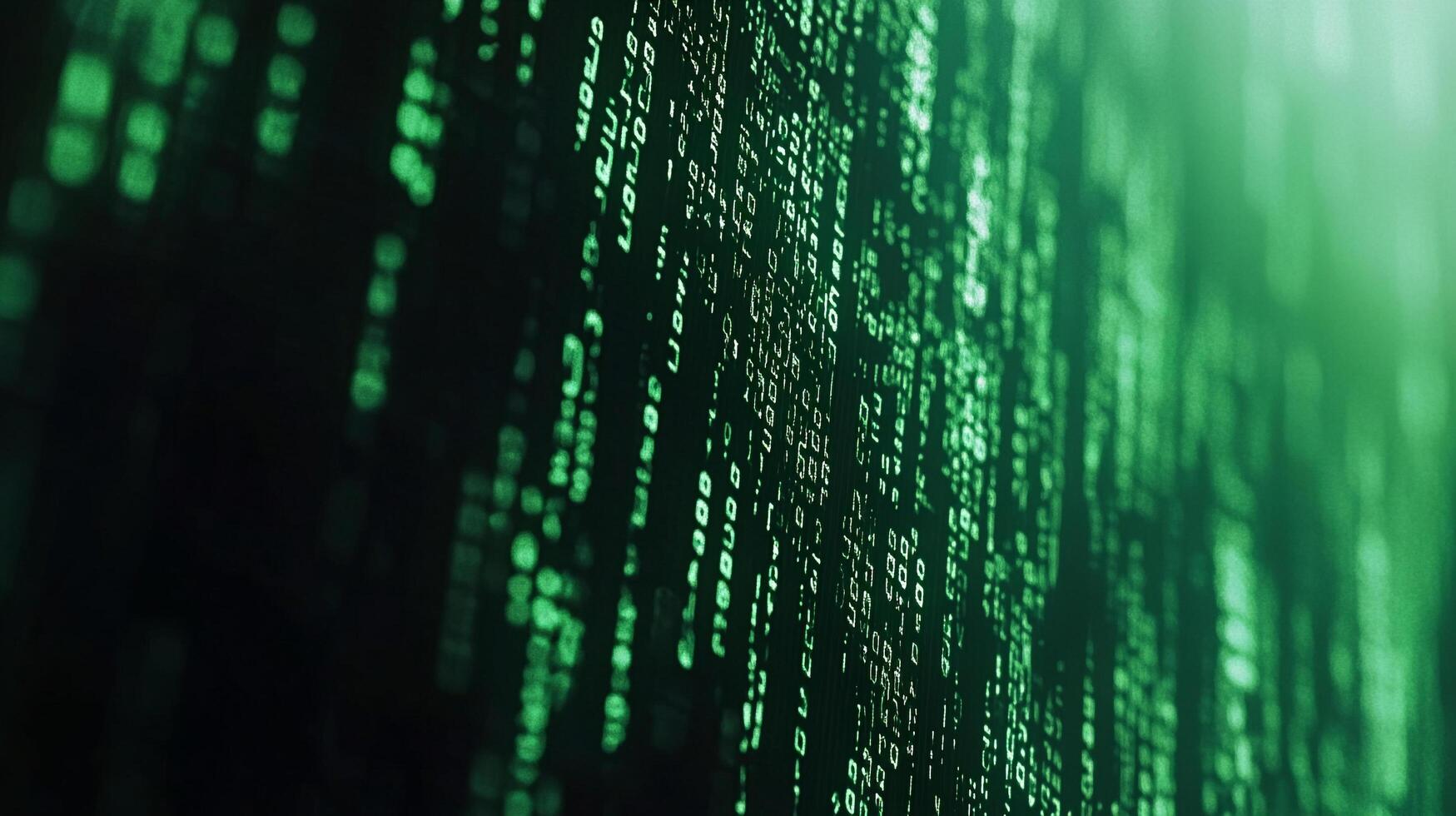 Abstract digital screen filled with rows of glowing green binary numbers. Suggests coding, cybersecurity, or information technology. photo