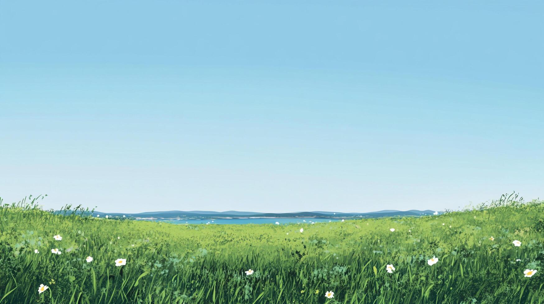 Scenic vista of a vibrant meadow meets the distant sea under a clear sky, capturing the serene beauty of nature in a calming palette. photo