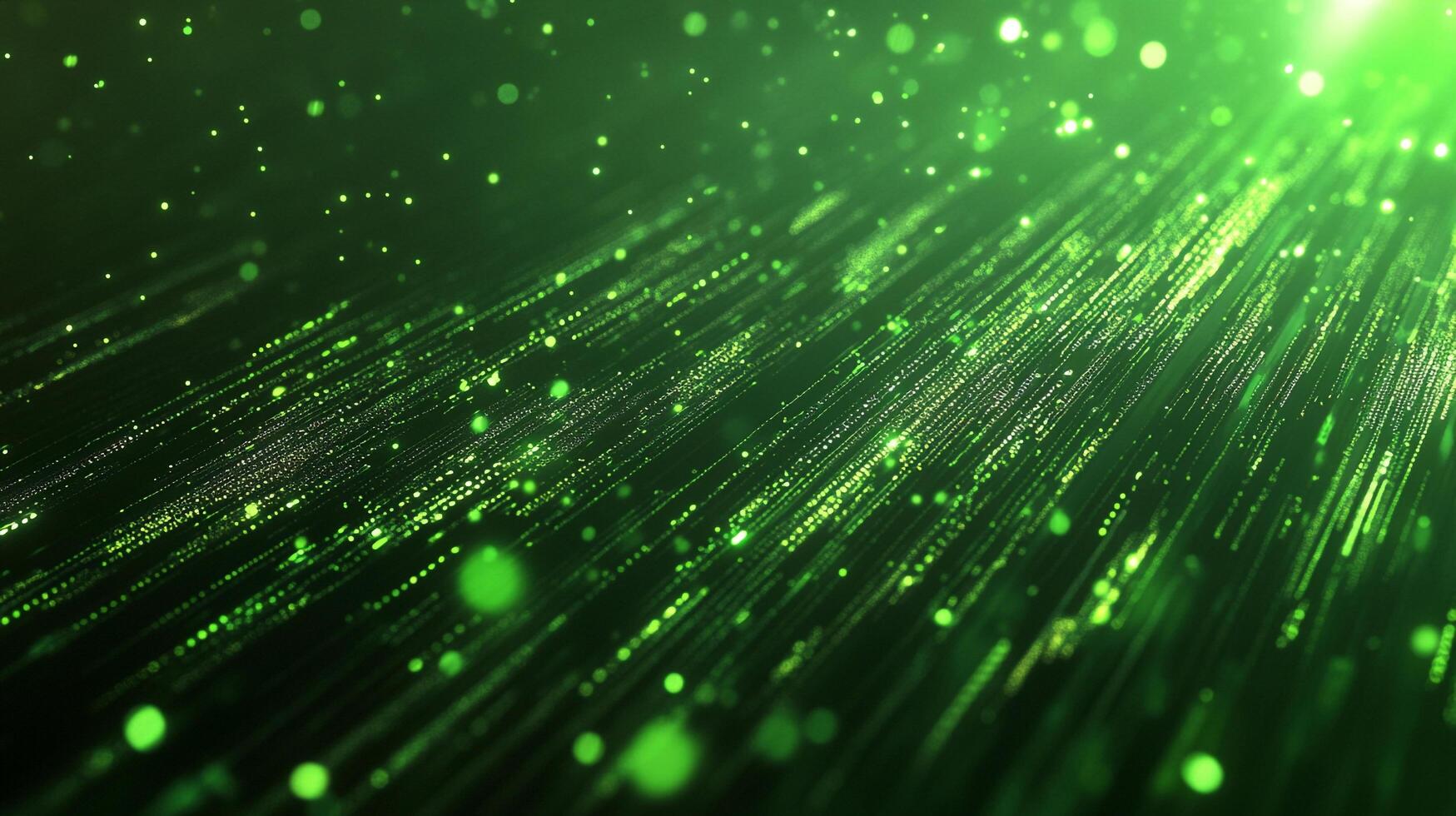 Radiant streaks of light cascade across a dark backdrop, casting a magical glow, creating depth and mystery with shimmering green particles. photo