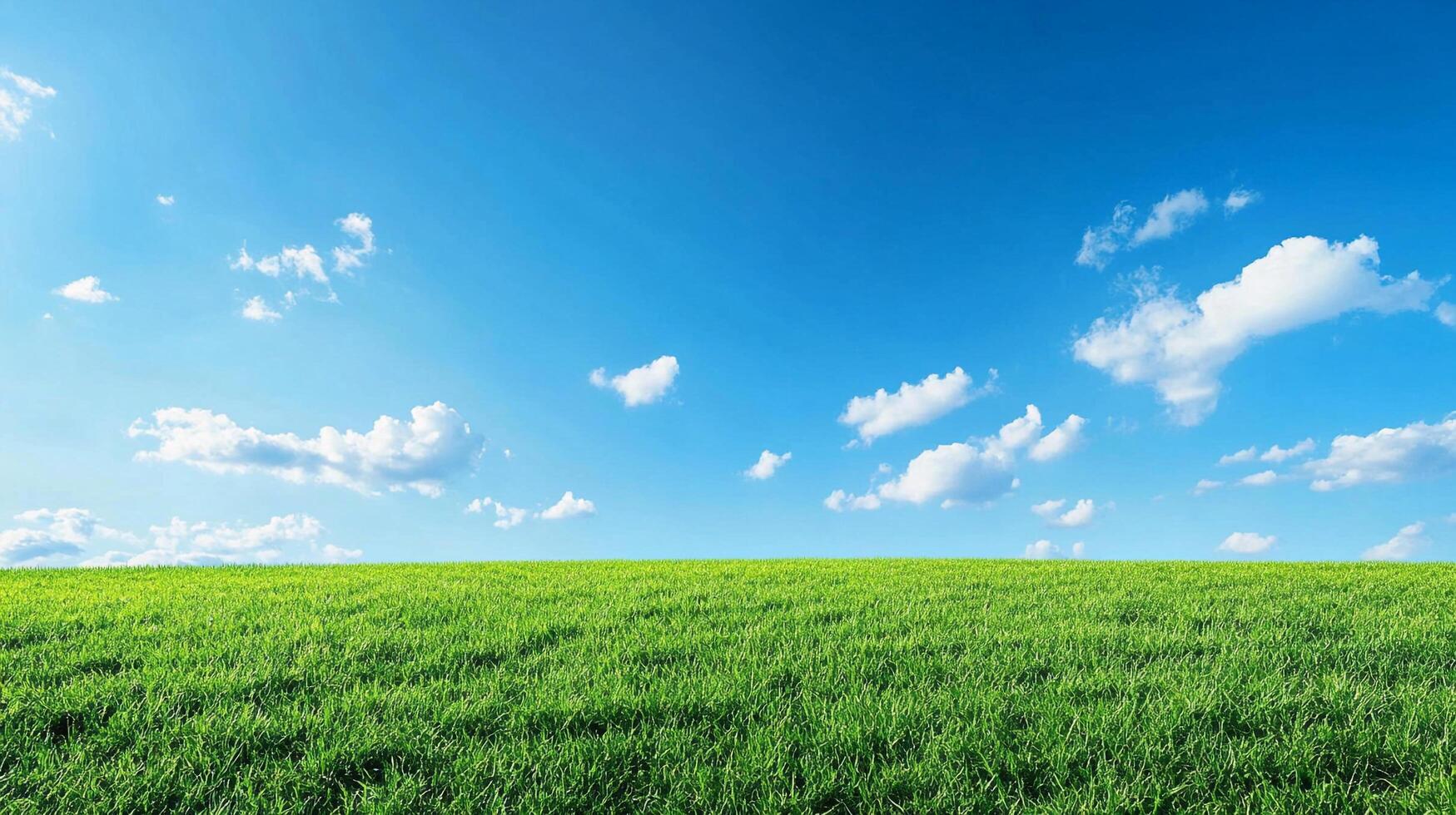 Lush green field stretches to meet a vibrant blue sky dotted with puffy white clouds on a clear and beautiful sunny day. photo