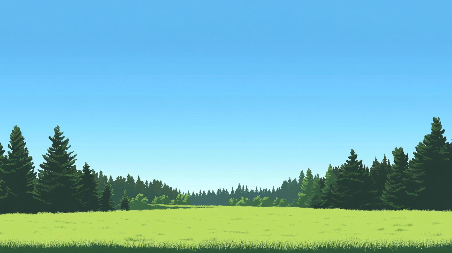 A vibrant green meadow stretches beneath a clear blue sky, framed by lush evergreen trees on either side creating a serene landscape. photo