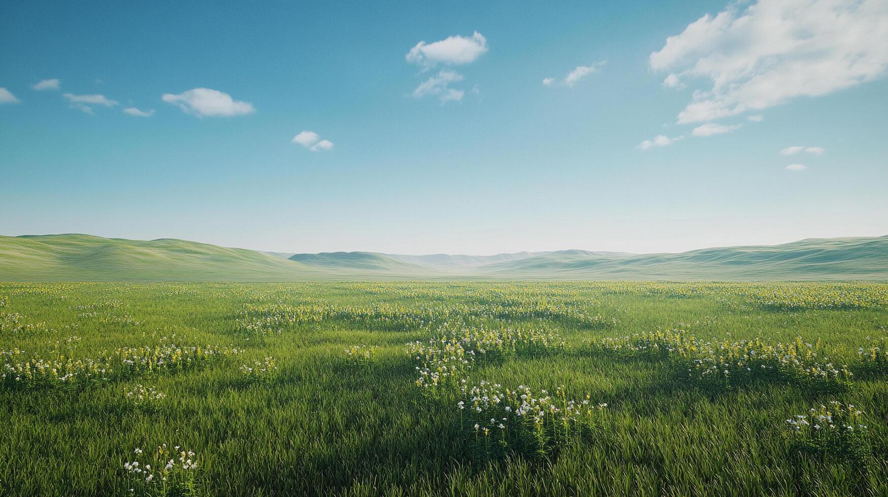Lush green field dotted with wildflowers under a serene blue sky, rolling hills in the background, soft clouds, peaceful meadow scene photo