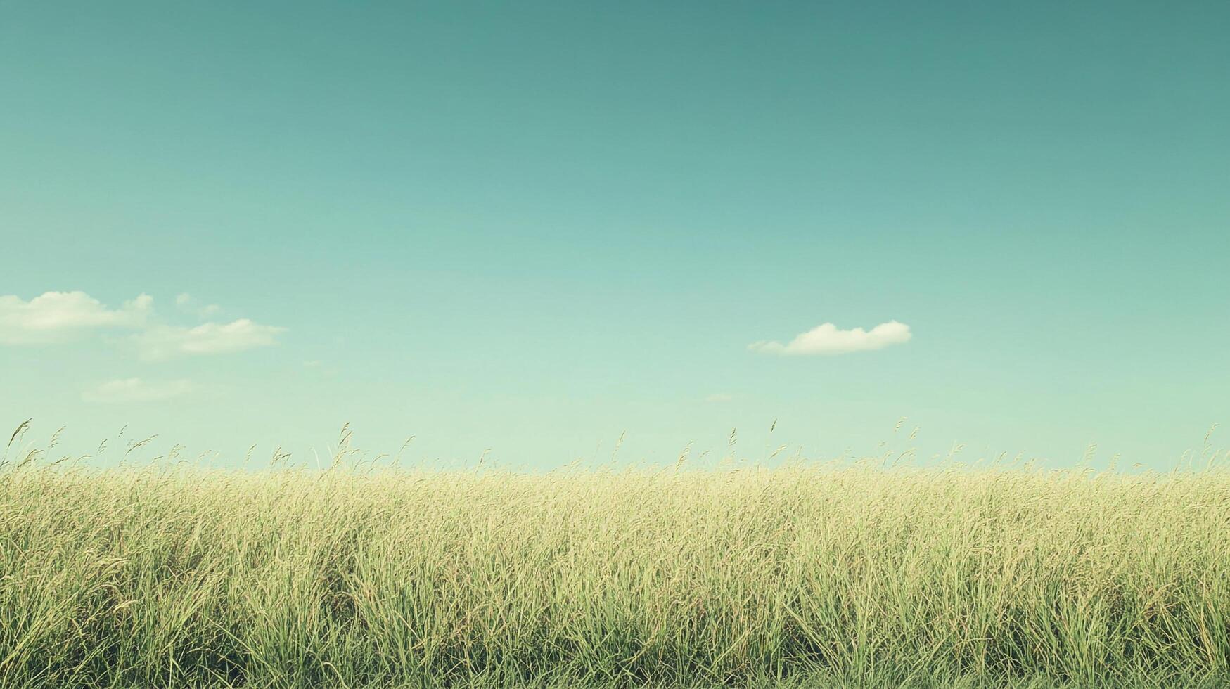 A serene landscape with a clear turquoise sky over a field of tall golden grass creates a peaceful, calming scene in nature. photo