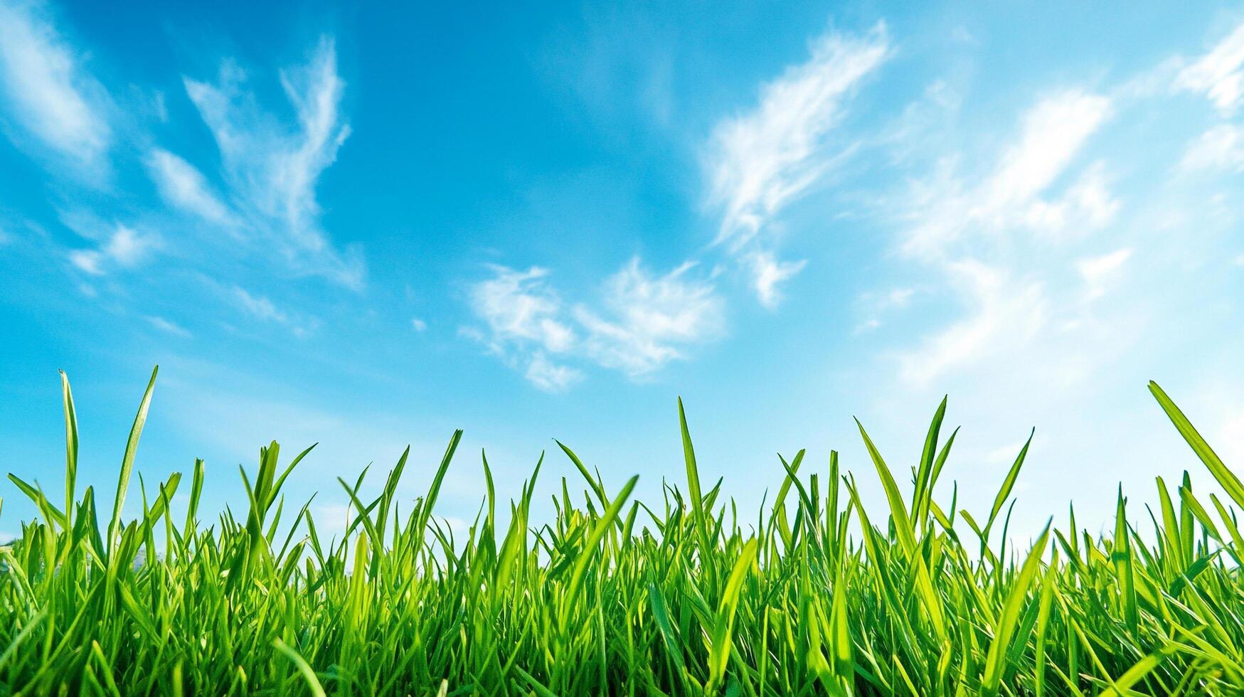 Lush green grass and a sunny blue sky create a refreshing outdoor scene. A simple, clear view evokes feelings of peacefulness. photo