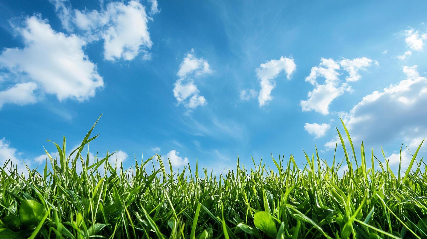 Bright blue sky with fluffy white clouds, viewed from below the fresh green grass. A beautiful nature scene, full of sunshine and promise. photo