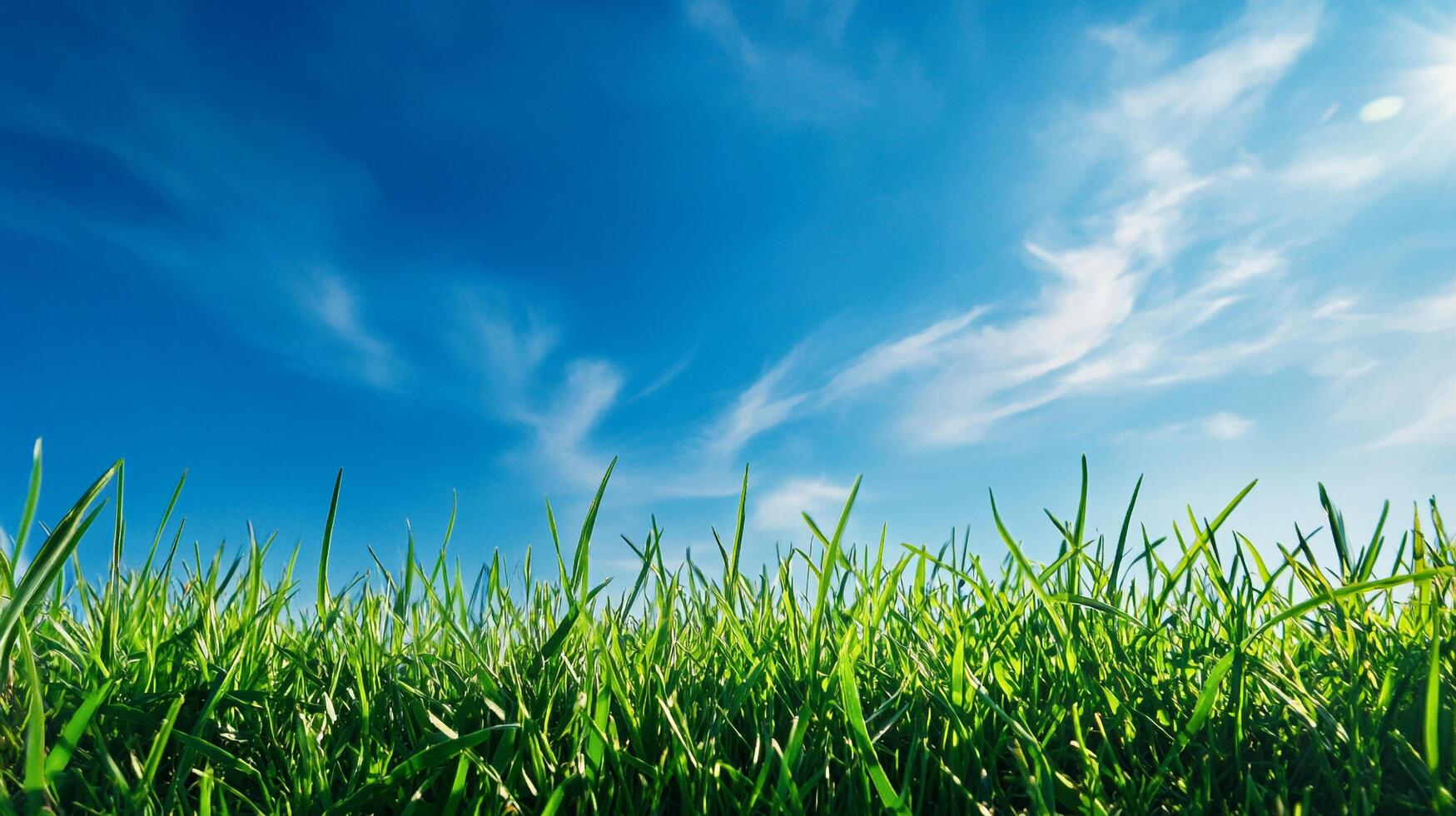 Vibrant green grass reaching for the clear blue sky with scattered white clouds, capturing a sense of growth and fresh, open space. photo