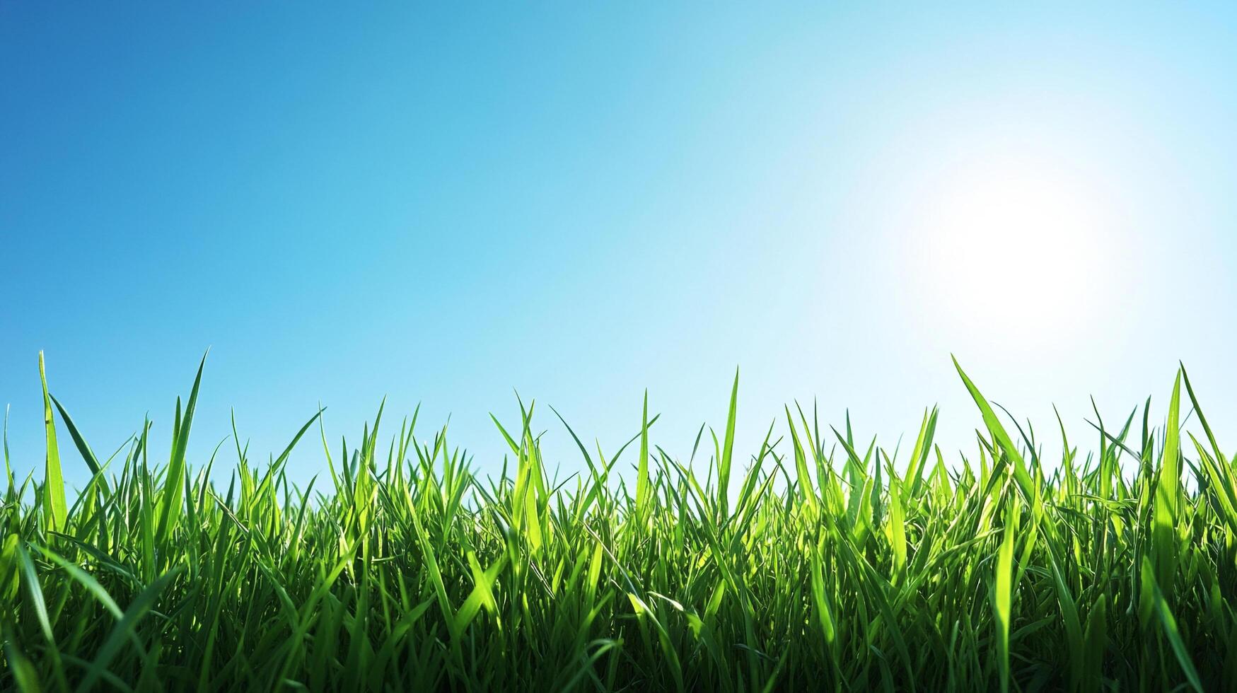 Lush green grass reaches towards a clear blue sky. A bright, sunny day. Ideal for showcasing the beauty of nature in an open space. photo